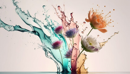 Colorful abstract floral background with water splash. Generative AI