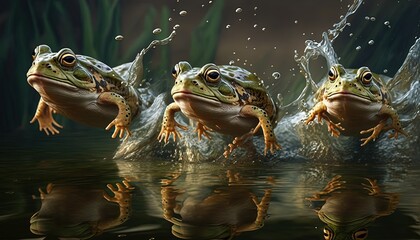 frogs jumping competition, jump motion with water splash, idea for business competence and ambitious, Generative Ai