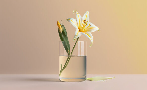 Glass of fresh lily flowers in glass vase with water. Generative AI