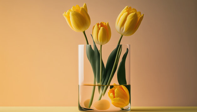Glass of fresh yellow tulip flowers in vase. Generative AI