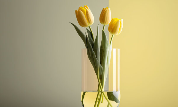 Glass of fresh yellow tulip flowers in vase. Generative AI
