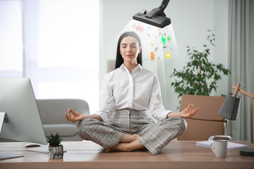 Purification of mind. Vacuum cleaner extracting bad thoughts from meditating businesswoman at...