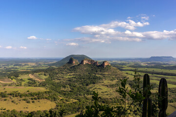 View of the rock formation known as Três Pedras, a set of testimonial hills, located in the rural...