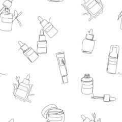 Skin care seamless vector pattern. Beauty products single line vector illustration - 576029478