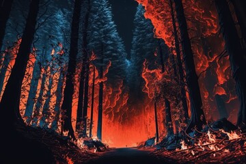 Fire in the forest with burning trees. Burning forest and natural disasters. (Generative AI)