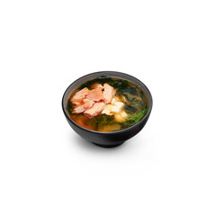 Miso soup salmon black dish white background isolated