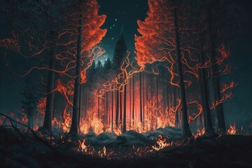Fire in the forest with burning trees. Burning forest and natural disasters. (Generative AI)