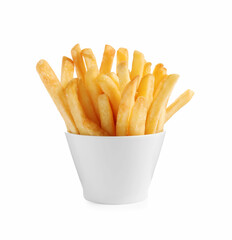 Bowl of delicious french fries on white background