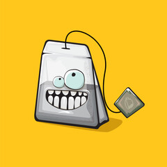 Tea bag character. Cartoon tea bag isolated on orange background. Funky paper tea bag character with eyes and mouth. Vector white teabag clip art, emoji, label and sticker