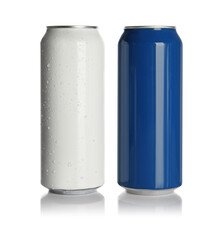 Aluminum cans with drinks on white background