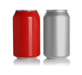 Aluminum cans with drinks on white background