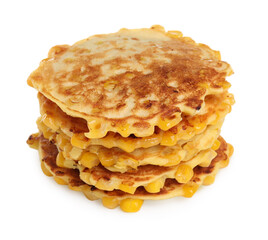 Many tasty corn pancakes on white background