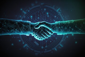 Shaking hands at the conclusion of a business deal. Cryptocurrency, blockchain, bitcoin, mining, financial transactions, high resolution, art, generative artificial intelligence - obrazy, fototapety, plakaty