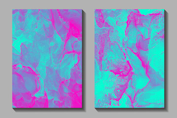 Abstract electric colors grunge vector background for cover design, poster, cover, banner, flyer, card. Multicolor ink texture illustration. Green and pink splashes. Fluid art. Colorful set background
