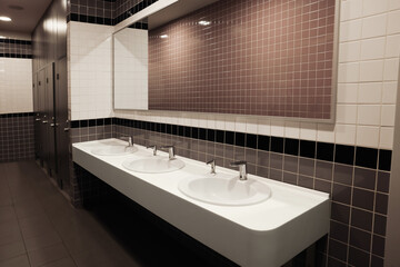 Public toilet interior with sinks and mirror