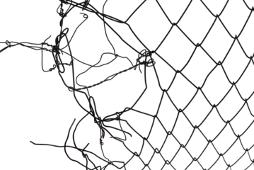 The texture of the metal mesh on a white background. Torn steel, metal mesh with holes