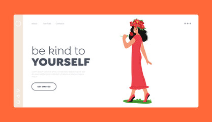 Beautiful Female Character Enjoying Summertime Landing Page Template. Young Girl Wearing Flower Crown and Red Long Dress