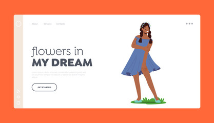 Spring Flowers Landing Page Template. Girl Wearing Flower Wreath and Blue Dress Posing on Summer Field