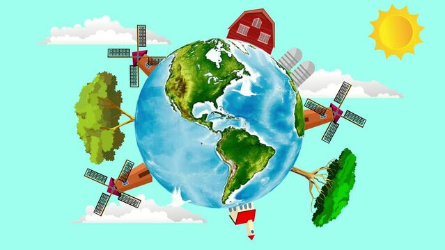 Mills, trees on rotating earth globe with sun cartoon animation clip