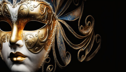 Venetian masquerade carnival mask on black background with copy space. Based on Generative AI