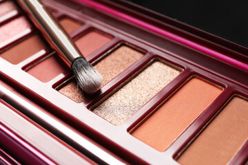 Beautiful eye shadow palette and brush, closeup view