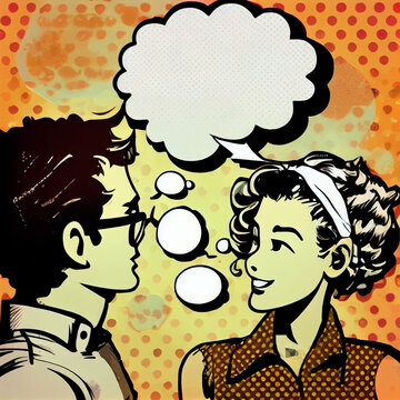 A retro-style image of a pop art manga couple in love, with thought bubbles and speech bubbles expressing their affection.