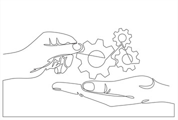 hand drawn doodle hand giving gears, tech development, engineering, technology. illustration in continuous line art style