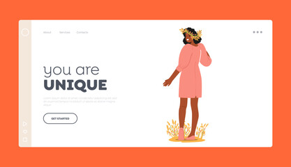 Young Woman With Flower Crown Landing Page Template. Concept For Beauty, Unique Fashion or Designs
