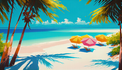 Fototapeta na wymiar A vibrant image of a tropical beach at midday, with crystal-clear blue water, powdery white sand, and colorful beach umbrellas. 