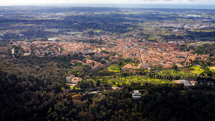 Aerial view of Albano Laziale, a comune in the Metropolitan City of Rome, on the Alban Hills, in Latium, central Italy. Located in the Castelli Romani area of Lazio. It is known simply as Albano.