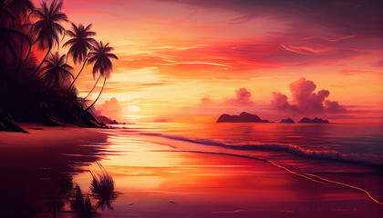 tropical beach at sunrise, with the calm sea reflecting the warm orange and pink hues of the sky.