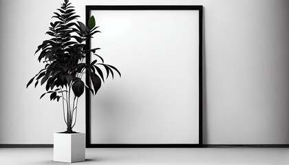 Empty square frame mockup in a black and white minimalist interior, with a single tall green plant against a white wall.