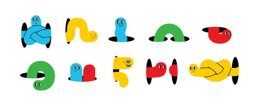 Geometric cute color worms coming, flying, jumping, looking through and out of holes. Happy enthusiastic lively characters. Search, explore concept. Graphic vector illustration