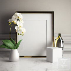 A sophisticated image of an empty square frame mockup in a chic minimalist interior, with an orchid plant and a crystal vase on a marble table.