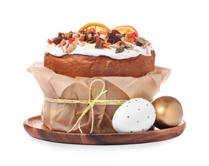 Traditional Easter cake with dried fruits in parchment paper and painted eggs isolated on white