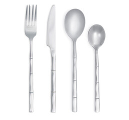 Shiny silver cutlery set on white background, top view