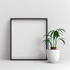 Fototapeta na wymiar A simple image of an empty square frame mockup in a modern minimalist interior, with a single potted plant on a white wall background.