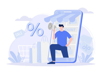 Online shop on a phone flat style, various shops, discounts, purchase of goods and gifts. Modern vector flat illustration.