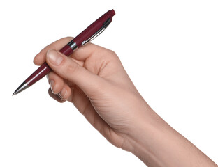 Woman holding pen on white background, closeup of hand