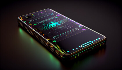  futuristic image of a phone mockup without a hand, featuring a holographic smartphone on a dark background with glowing neon accents.