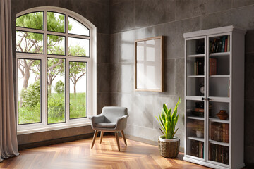 cozy living room interior with single chair in a room corner; sunlight shining trough window; canvas with copy space; home decoration concept; 3D Illustration