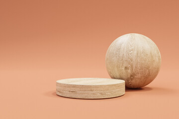 3D display podium pastel orange background. Nature wood minimal pedestal for beauty, cosmetic product presentation sphere ball. copy space template, 3D Illustration