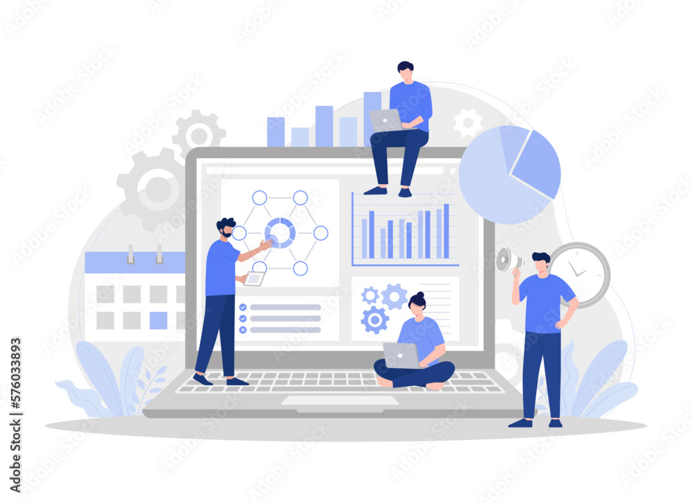 Wall mural Creative teamwork. Building a business project on the Internet. Modern vector flat illustration