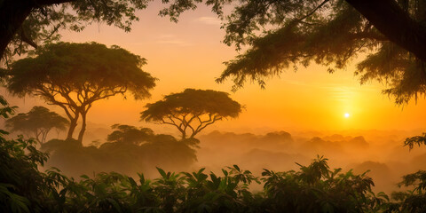 Fototapeta na wymiar Wallpaper with a tropical landscape at sunset. Jungle with palms, trees and other wild plants. Sky with clouds and setting sun. Rainforest illustration. Background with pristine nature. Generative AI
