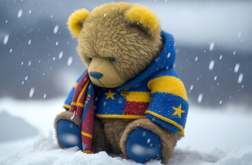 Generative AI illustration of Teddy Bear crying and sad dressed in the flag of Ukraine