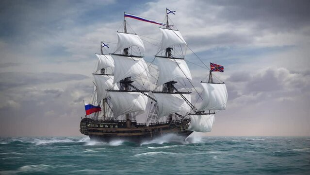 Sailboat floating in the stormy ocean