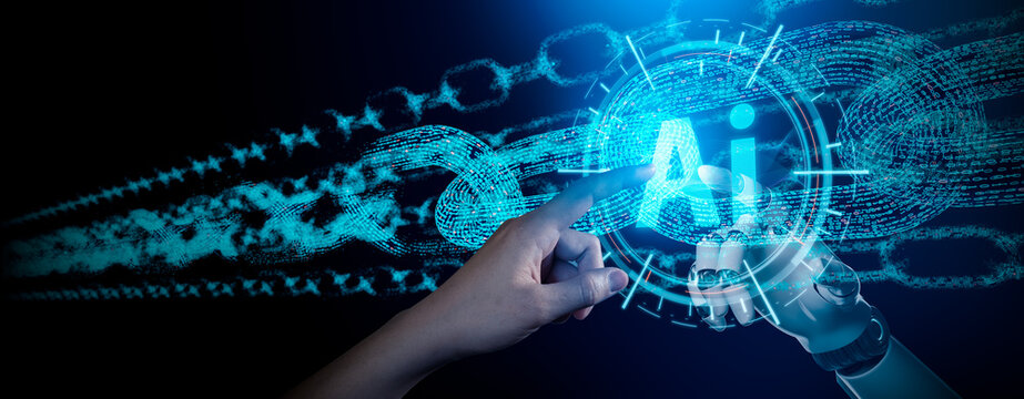 RPA(Robotic Process Automation system),Intelligent Process Automation(IPA),Artificial intelligence,Robot finger,Ai chatBot and business concept.Human hand and Robot finger touching digital Ai brain