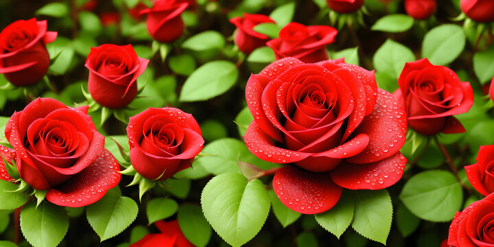 Beautiful background of red roses with green leaves, with dew drops. Generative AI