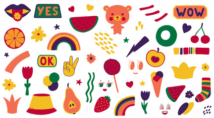 Fun colorful stickers collection in kid core style. Simple and playful doodle set.