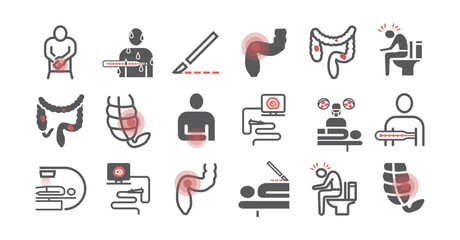 Colorectal Cancer Symptoms. Diagnostics. Line icons set. Vector signs for web graphics.